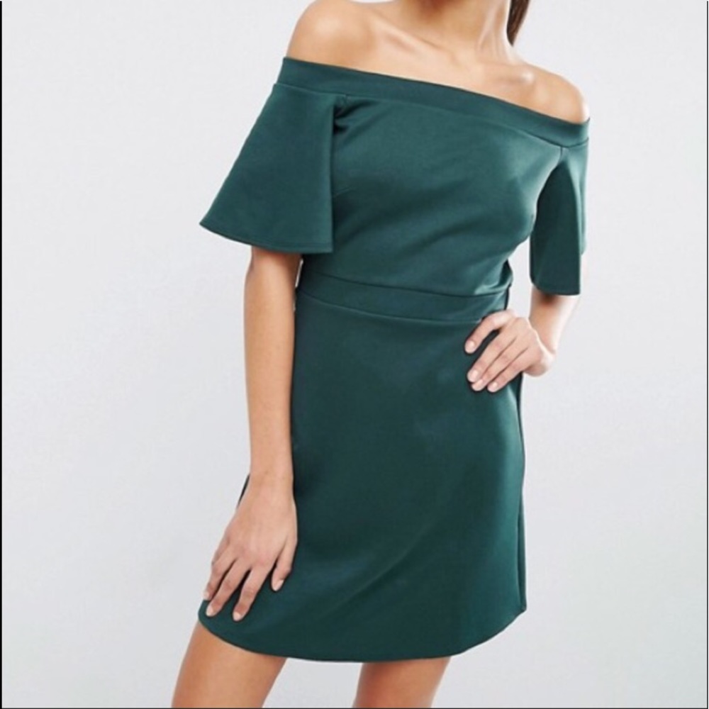 ASOS Dark Green Scuba Off Shoulder Mini Dress 8